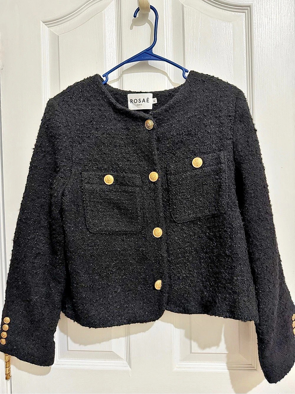 ROSAÉ Paris Black Cropped Tweed Jacket Size 36 Like New